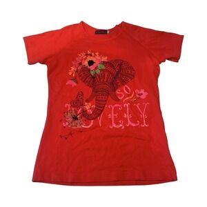 Catimini Girls Red Elephant Graphic‎ T-Shirt So Lovely Floral Cotton Top Size 14